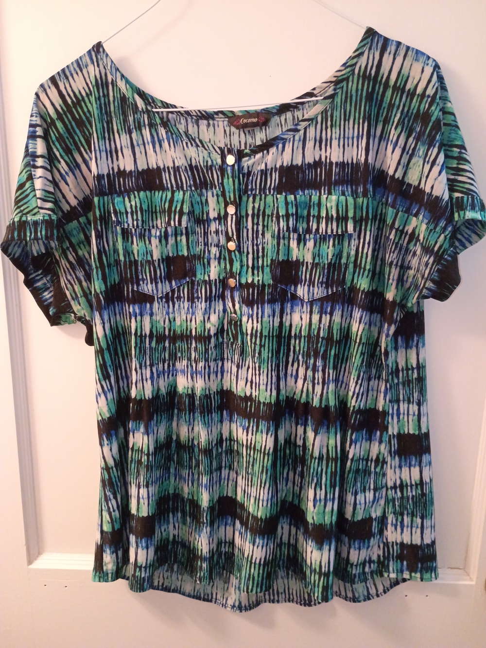 Cocomo Blue Green Striped Button Henley Blouse